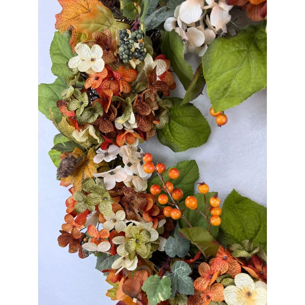 Fall Grapevine Wreath Orange Hydrangea Burlap Bow Autumn Decor 22in